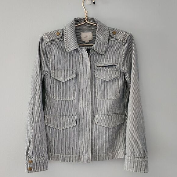 Ann Taylor Loft Blue White Railroad Striped Cargo Utility Jacket XS - Picture 1 of 7